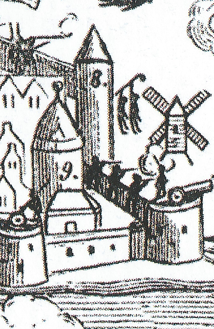 Detalje fra tegningen. Fra fæstningstårnet Krigelen ved det nuværende Magasin, hænger to personer.